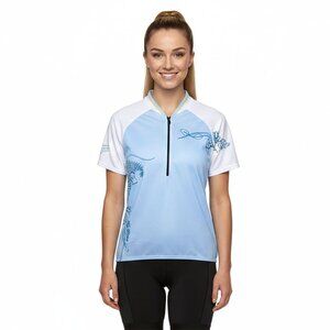 Vintage Fox Racing 1/4 Zip Cycling Jersey Shirt Light Blue Floral Graphic Top